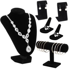 Wenqik 6 Pcs Velvet Jewelry Display Set Velvet Necklace Mannequin Bust Stand T Bar Bracelet Holder 2 Earring Stand 2 Ring Finger Jewelry Holder for Home Decor Showcase