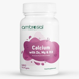 Ambrosial Calcium Magnesium Zinc & Vitamin D3| High Potency Calcium Supplement for Healthy Bones, Muscles & Teeth |Highly Bioavailable Calcium Citrate Formula Calcium Tablets (Pack of 1-120 Softgels)