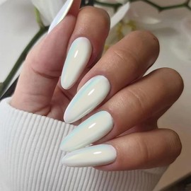 White Chrome Press on Nails Medium Almond Fake Glue on Nails Glossy Stiletto Acrylic False Nails Solid Color Shinny Stick on Nails for Women Girls Nails Decoration 24 Pcs