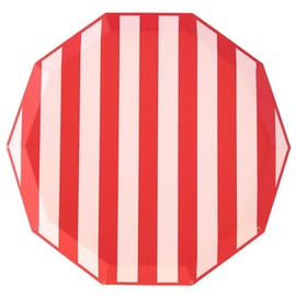 Bonjour Fête Pink & Red Cabana Stripe Paper Party Plates | Large Disposable Dinner Plates for Holidays, Baby Showers & Birthday Decorations | Premium Party Supplies & Decorations | Pack of 8, 10.75"
