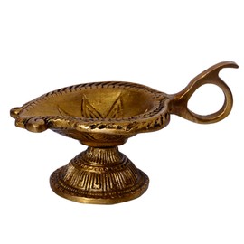 Purpledip Brass Aarti Diya Deepak Oil Lamp Holder in Leaf Shape and Flower Relief with Handle (10388)