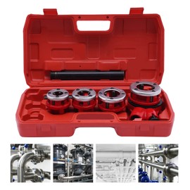 BSPT Pipe Threading Kit 1/2" 3/4" 1" 1-1/4" Plumber Set Red Ratchet Pipe Threader w/ 4 Dies Set + Ratchet Handle + Case for Steel Pipe Galvanized Pipe Iron pipe