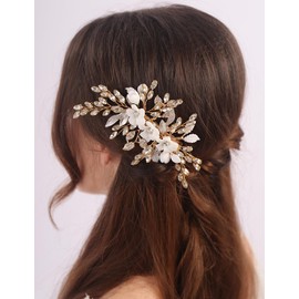 Rumtock White Flower with Rhinestones Gold Leaf Hair Comb Handmade Crystal Headpiece for Wedding Brides Women Hair Accessories