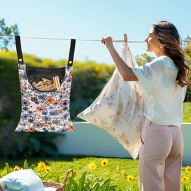 CREAMIC Blue Flowers Clothespin Organizer Bag Hanging Laundry Bag Portable Clothespin Storage with Hanger Hook 2 Ropes for Hanging and Effortlessly Sliding on Clothesline