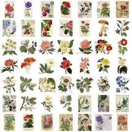 50 Pcs Retro Plants Stickers PET Floral Sticker for Laptops Water Bottles Retro Flower Mushroom Decorative Phone Book Guitar Vinyl Decals for Kids Teens Adults