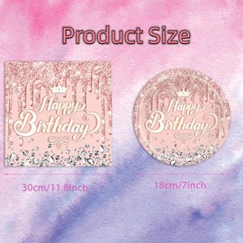 Rose Gold Birthday Decorations-20 Plates and 20 Napkins, Pink Rose Gold Theme Happy Birthday Party Decoration for Kids(Rose Gold Set)