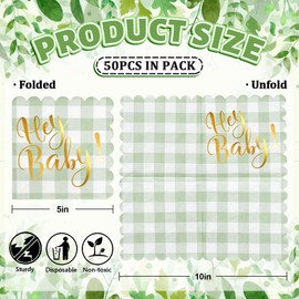 FYSUIMU Sage Green Gingham Baby Shower Paper Napkins Gold Foil Hey Baby Disposable Napkins Buffalo Plaid Scalloped Cocktail Beverage Napkin for Birthday Gender Reveal Party Table Supplies, 50 Pcs