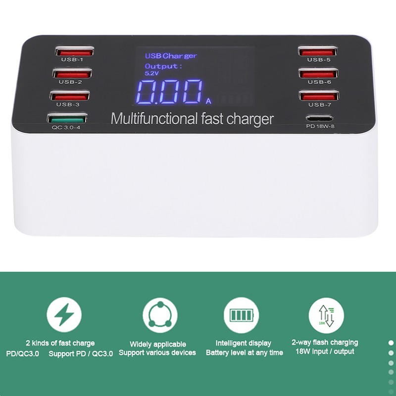 8-Ports Intelligent Charging Station LED Display Digital QC3.0 PD 60W