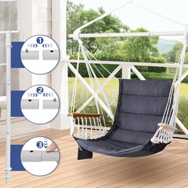 ROOITY Hammock Chair Porch Hanging Swing with Wooden Armrests&Side Pocket;Steel Spreader Bar,Hardware kit Included;Quilted Fabric;Up to 350 Lbs,for Indoor or Outdoor