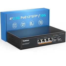 YuanLey 6 Port 2.5G PoE Switch Unmanaged, 4 x 2.5G Base-T PoE Ports, 2 x 10G SFP, IEEE802.3af/at, 78W, Compatible with 100/1000/2500Mbps, Metal Fanless, Desktop/Wall Mount 2.5Gbe Network Switch