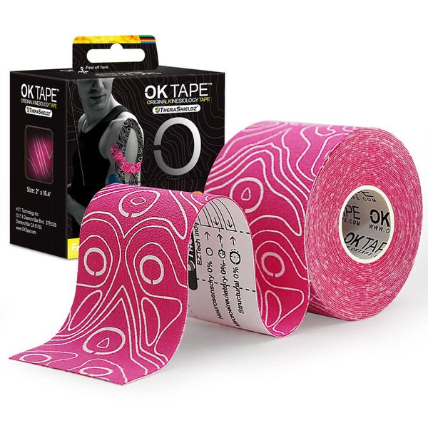 OK TAPE PRO Kinesiology Tape, 2inch x Long Roll 16ft Free Cut Tape, Elastic Athletic Tape Therapeutic Latex Free, Pink+White