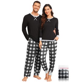 YOPUGEE Christmas Plaid Pajama Set Soft Modal Womens Long Sleeve Sleepwear Loungewear for Couples Black&White Plaid XL