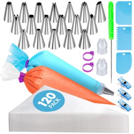 150 Pcs Piping Bags and Tips Set, Cakes Decorating Kit Supplies with 120 Pcs 12 Inch Piping Bags, 1 Reusable Pastry Bags, 18 Tips, 2 Couplers, 2 Bags Ties, 3 Clips, 1 Scriber Needle, 3 Cake Scraper