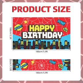 SAVITA 2pcs Red Spider Web Party Decorations, 5.9x3.3ft Super City Happy Birthday Backdrop Banner and 5.9x1.15ft Tablecloth Table Runner for Boys Kids Birthday Baby Shower Party Decor