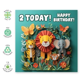 2nd Happy Birthday Card - '2D Safari Age' - Gifts for Baby Boys, Sons, Girls, Toddlers, Kids, Children, Family - Smiling Animals - Comes with Fun Stickers