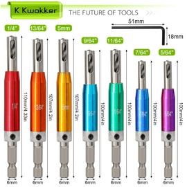 K Kwokker 8PCS Hinge Drill Bit Set, HSS Self Centering Drill Bits 1/4" Hex Shank Hinge Drill Bit Guide Set Window Woodworking Puncher Hole Drilling Tool, 5/64”, 7/64”, 9/64”, 11/64”,5mm,13/64'',1/4''