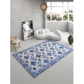 Oriental Accent Vintage Blue Porcelain 5x7 Area Rug - Faux Wool Floral Print Rug, Retro Accent Washable Low Pile Rug, Foldable Non-Slip Non-Shedding Carpet, Decor Gift