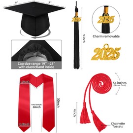 Syhood 4 Pieces 2025 Unisex Graduation Matte Gown Cap Tassel Stole Set Honor Cord for Graduation(Size 45,Black,Red)