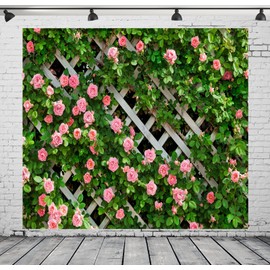 Loccor 5x5ft Fabric Flowers Backdrop Spring Floral Photo Backdrop Green Leaf Grass Fence Photography Background Birthday Party Decoration Wedding Bridal Valentine's Day Banner Photo Studio Props