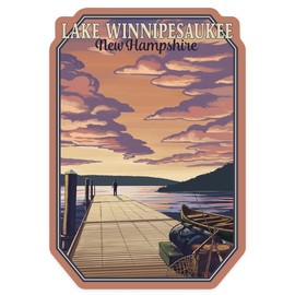 Die Cut Sticker Lake Winnipesaukee, New Hampshire, Dock Scene at Sunset, Contour Vinyl Sticker 3 to 6 inches, (Waterproof Decal for Cars, Water Bottles, Laptops, Coolers), Large