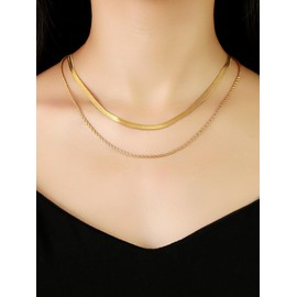 Rockyu Allure Women's Gold Necklace, 2 Row Choker, Stainless Steel, Simple, Stylish, Hypoallergenic