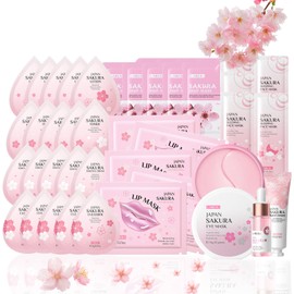 Skin Care for Teenage Girls, 38PCS Skin Care Sets & Kits, Sakura Skincare Set, Pamper Sets for Women Gifts, Serum, Hand Cream, Eye Mask, Sleep Mask, Lip Mask, Cleanser, Cream, Lotion, Toner, Mud Mask
