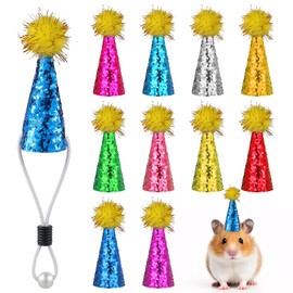 Bruislard 10 Pack Mini Party Hats for Stuffed Animal Figures Headwear, Tiny Cone Birthday Hats with Glitter Pom Poms & Adjustable Headband for Birthday Party Holidays