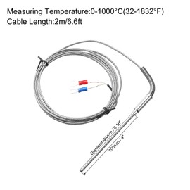 QUARKZMAN K Type Thermocouple Temperature Sensor Probe 4 x 100 mm 6.6 ft Wire 0 to 1000 °C (32 to 1832°F) Stainless Steel