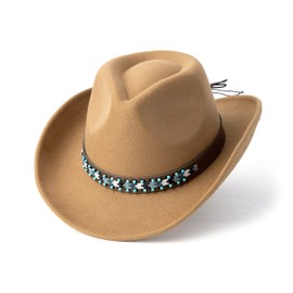 Gossifan Western Cowboy & Cowgirl Hat Felt Wide Brim Women Men Fedora Hats-B Belt Camel