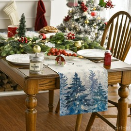 Artoid Mode Ink Wash Painting Christmas Trees Hello Winter Table Runner, Seasonal Pine Kitchen Dining Table Decoration for Home Party Decor 13x108 Inch