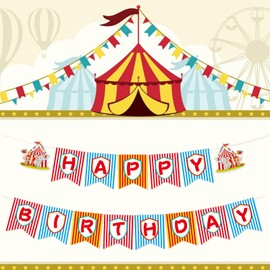 ABTOLS Circus Birthday Banner, Carnival Themed Birthday Party Favor Happy Birthday Stripe Banner for Carnival Baby Shower Supplies Carnival Birthday Party Indoor Outdoor Decor