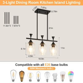 UnicozoHome Dining Room Light Fixture/Chandelier Over Table, 3-Light Kitchen Island Lighting Hanging for Farmhouse Linear Chandeliers Matte Black Ceiling Pendant Light Fixtures with Clear Glass Shade