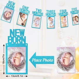 Whaline 1st Birthday Baby Photo Banner for Newborn to 12 Months, Monthly Milestone Photograph Bunting Garland, First Birthday Celebration Decoration (Blue)