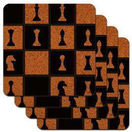 Chess Board Pieces Pattern Low Profile Novelty Cork Coaster Set