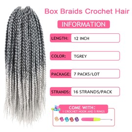 Grey Crochet Hair for Black Women 12 Inch Short Goddess Box Braids Crochet Hair 7 Packs Pre Looped Box Braids (12 Inch,7 Packs, Tgrey)