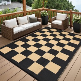 8x10 Outdoor Rugs for Patios Waterproof Modern Checkered Plastic Straw Rug Stain Resistant Reversible Portable Outdoor Carpet Foldable UV Resistant Mat for Camping, RV, Picnic, Black & Brown