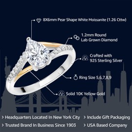 Gem Stone King 925 Silver and 10K Yellow Gold 8X6MM Pear Shape Gemstone Birthstone and White Lab Grown Diamond Engagement Ring For Women | Available In Size 5, 6, 7, 8, 9