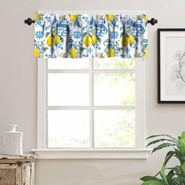 JanJCurt Lemon Window Valance, Summer Blue Tiles Lemons Traditional Floral Print Short Blackout Window Curtain for Home Kitchen Bedroom Living Room, 54x18inch