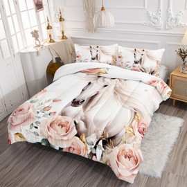 AILONEN Girls Horse Comforter Set, Queen Size, Pink Flower Horse Bedding Set, 3-Piece Bed in a Bag, Wild Animal Themed Quilt & 2 Pillowcases