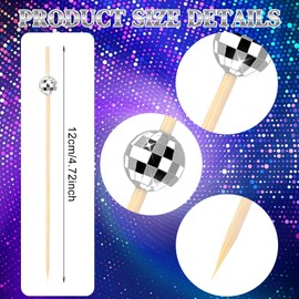 Mabor 100Pcs Disco Ball Toothpicks for Appetizers, Silver Cocktail Picks for Drinks Fruit Food Fancy Bamboo Skewers for Disco Themed Party Decorations 4.7 Inch