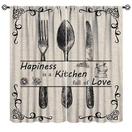 JanJCurt Rustic Farmhouse Kitchen Curtains, Vintage Fork Spoon Country Beige Linen Style Retro Printed Rod Pocket Window Drapes for Cafe Dining Room Living Room, 42x45 Inch (No Blackout)