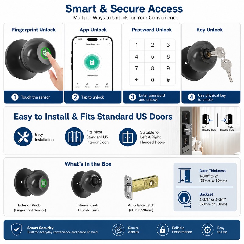 YFK Smart Fingerprint Door Lock Knob with Tuya App Control