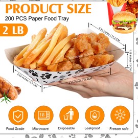 Honeydak 200 Pack 2 Lb Disposable Paper Food Trays Bulk Greaseproof Paper Food Boats Dog Paw Paper Hot Dog Trays Food Serving Boats for Snacks Sandwich Nacho Dog Paw Party BBQ Picnic