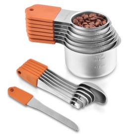 Magnetic Measuring Cups and Spoons 14 Set, 7 Pieces Stainless Steel Nesting Measuring Cups, 7 Stackable Teaspoons for Kitchen Dry and Liquid Ingredients (Light brown)