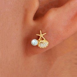 Starfish Earrings for Women Gold Seashell Shell Stud Earrings Dainty Summer Beach Earring Cubic Zirconia Pearl Earring Beachy Tropical Jewelry (Asymmetric)