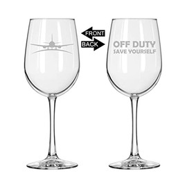 MIP Brand Wine Glass for Red or White Wine Two Sided Off Duty Save Yourself Airplane Pilot Flight Attendant (16 oz Tall Stemmed)