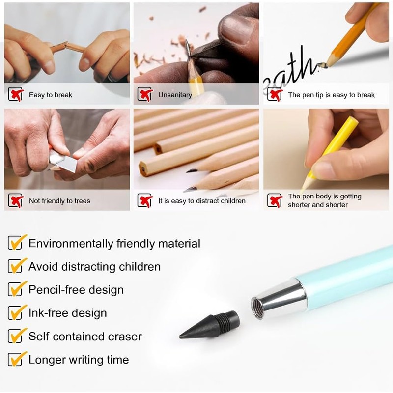 Vicloon Inkless Pencils, 7pcs Everlasting Pencil, Infinity Pencil Replaceable Nib