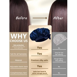 SUTIYO Satin Bonnet for Sleeping, Double Layer Silk Bonnet for Curly & Long Hair, Adjustable Hair Bonnet for Women Girls, Bonnets with Hair Band & Storage Bag (Navy Blue/Sky Blue)