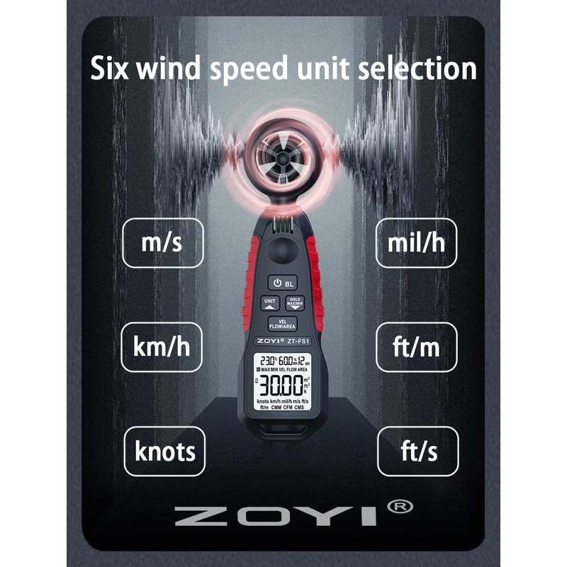 Digital Anemometer ZOYI ZT-FS1 Handheld, Wind Speed Meter Gauge, Accurately