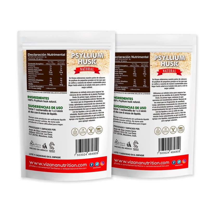 VIZANA NUTRITION | Psyllium Husk Natural 600g Sin Azúcar por